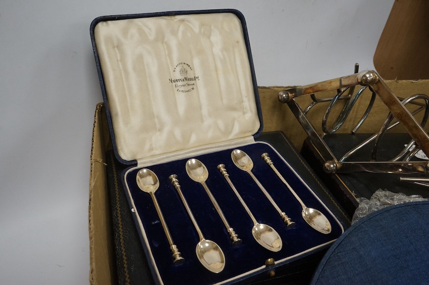 Assorted silver and plated wares including a Danish white metal mounted cigarette box, 10.2cm, six cased sets including six silver coffee spoons, five mother of pearl handled silver butter knives, six silver pistol handl